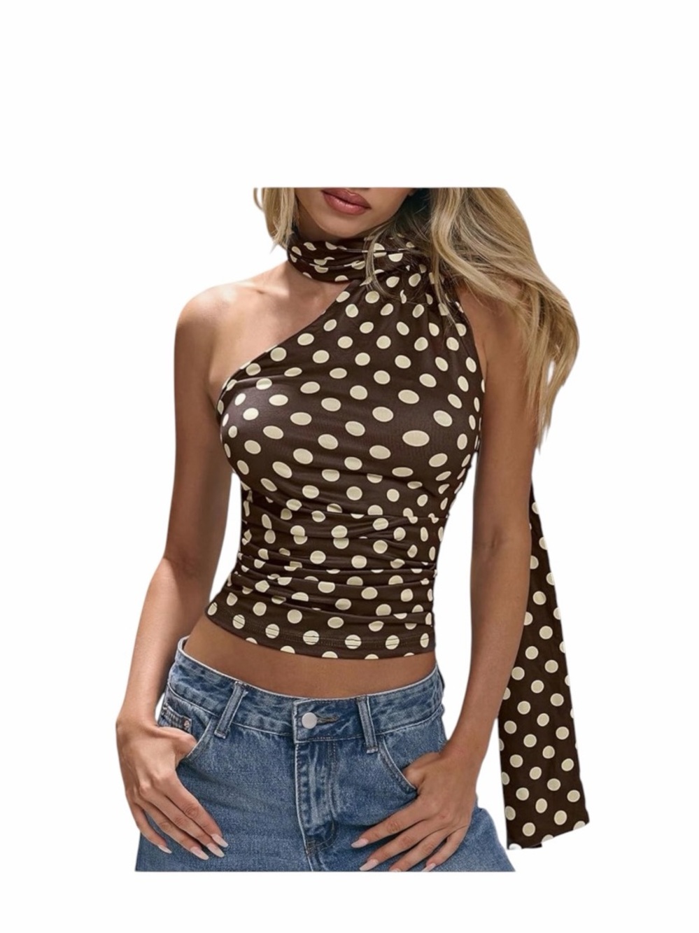 Brown Polka Dot One-Shoulder Top with Scarf